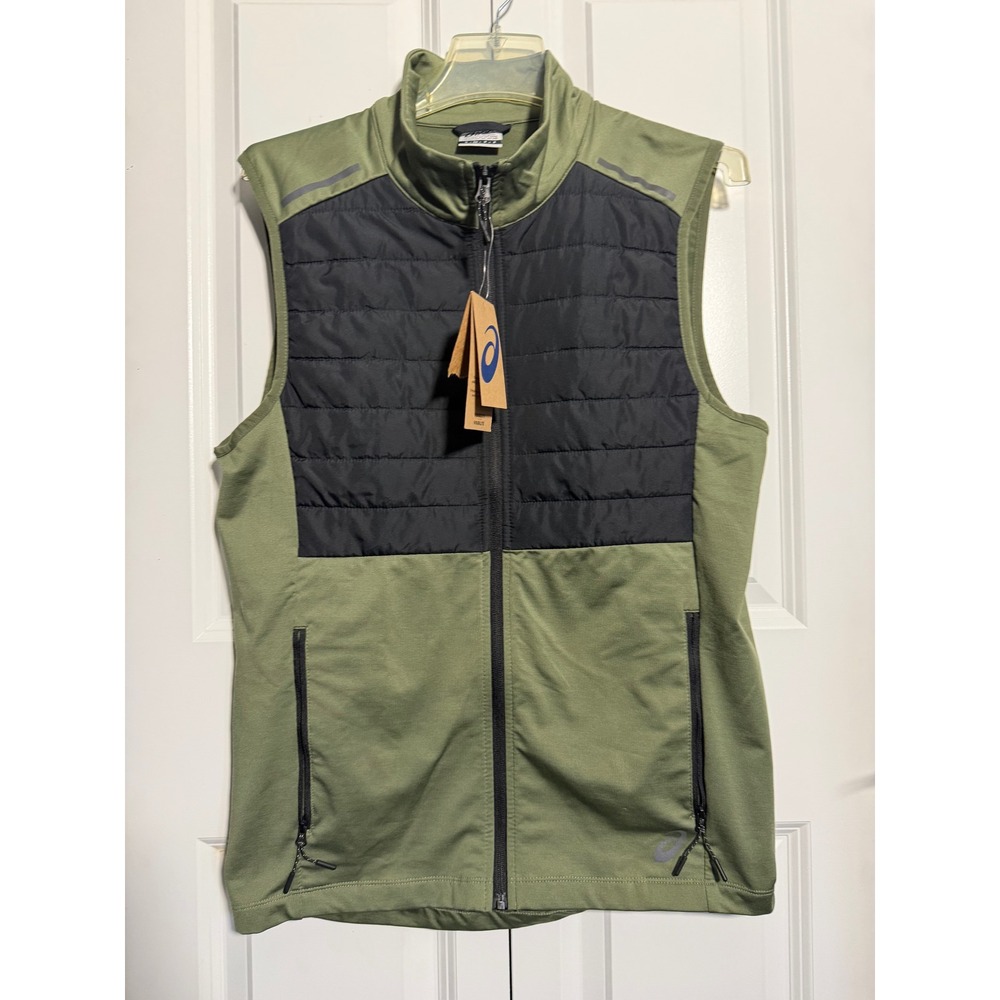 Asics Knit Vest Mens Small Green New AMXMVT2921 Quilted Full Zip Reflective